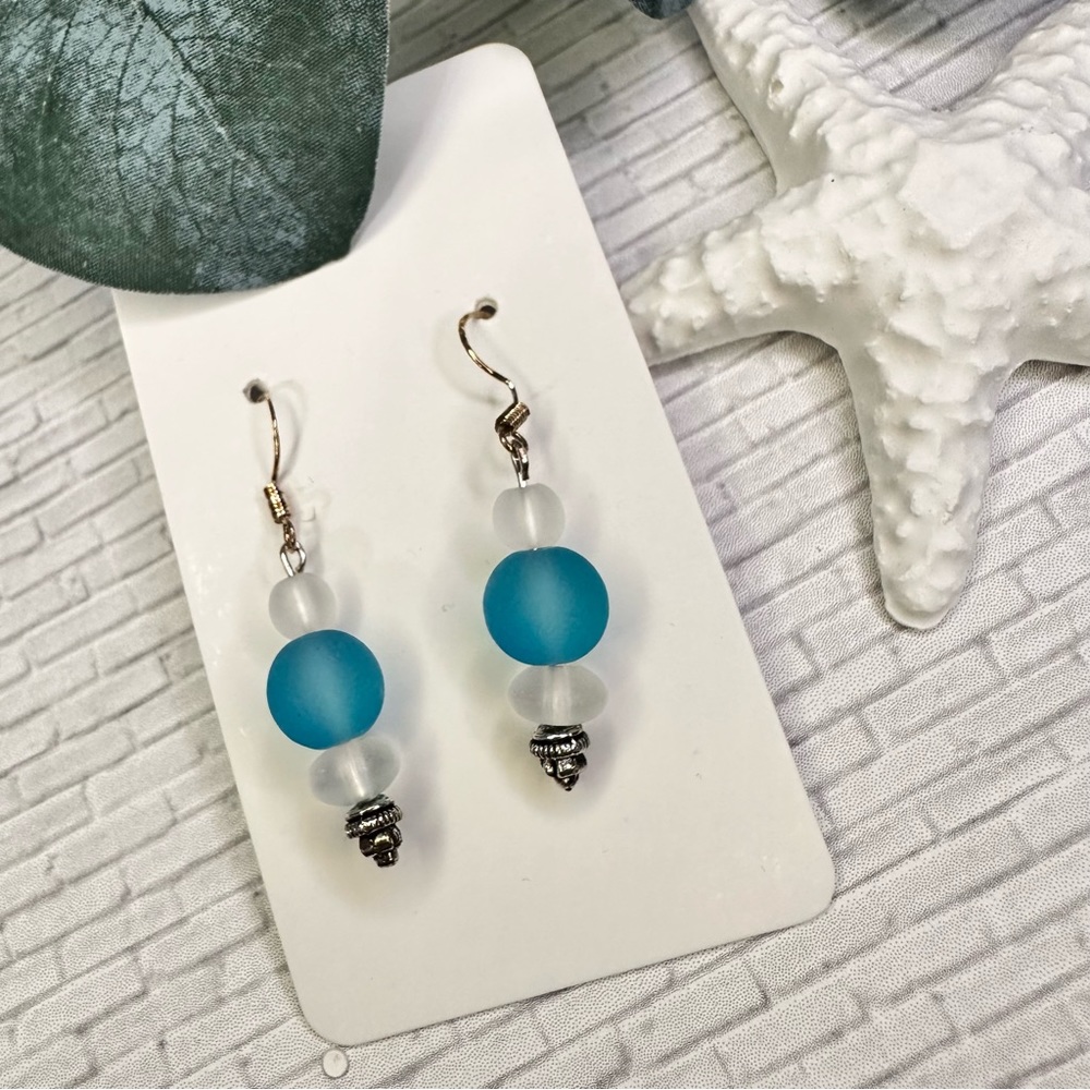 3/$25 White Blue Frosted Glass Silver Dangle Earrings
